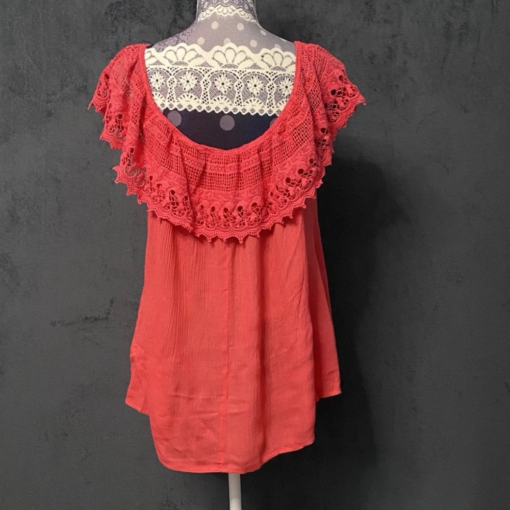 Jesse & J Blouse Womens 1X Pink Crepe Crochet Lace Off the Shoulder Romantic Top